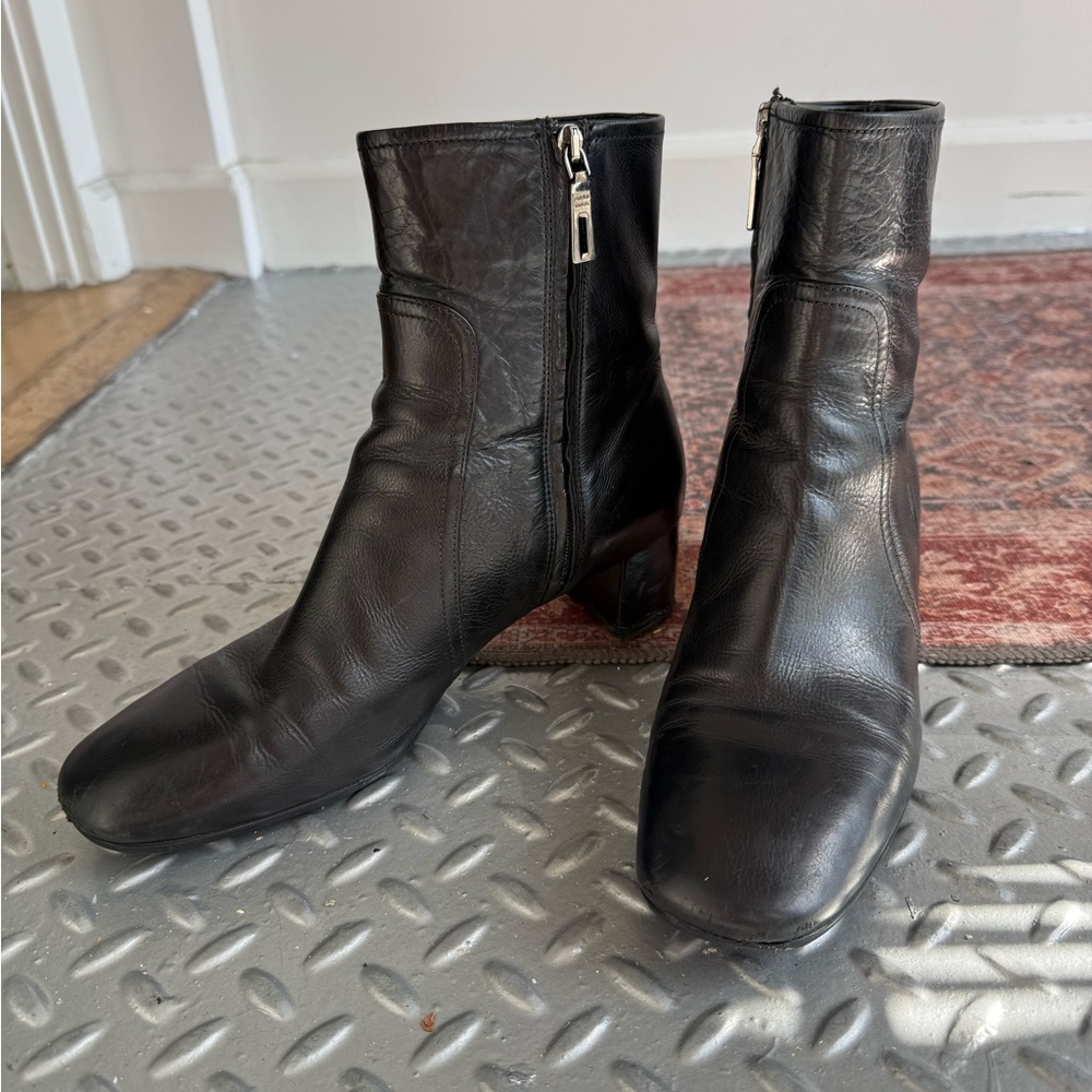Vintage Prada Black Leather Ankle Boots with Zipper